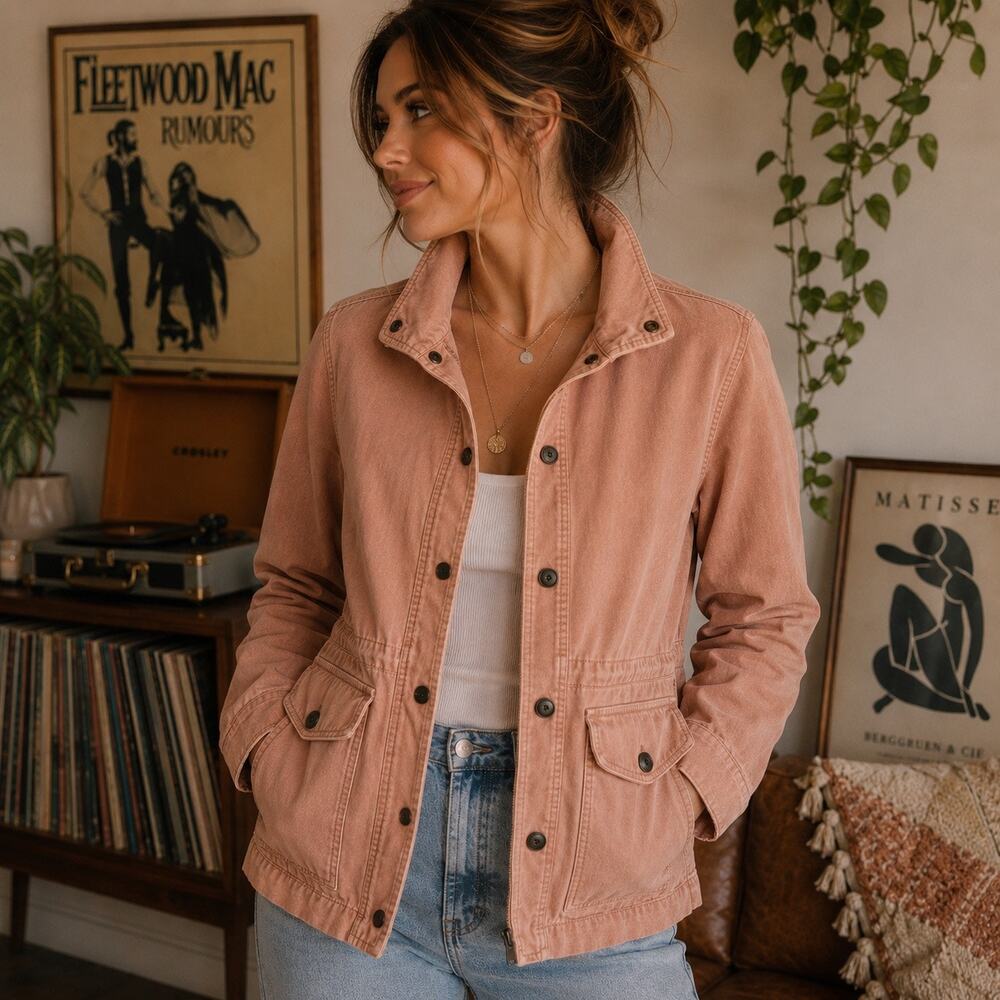 Lucky Brand Utility Jacket Small Casual Boho Safari Chore Jacket Blush NWOT